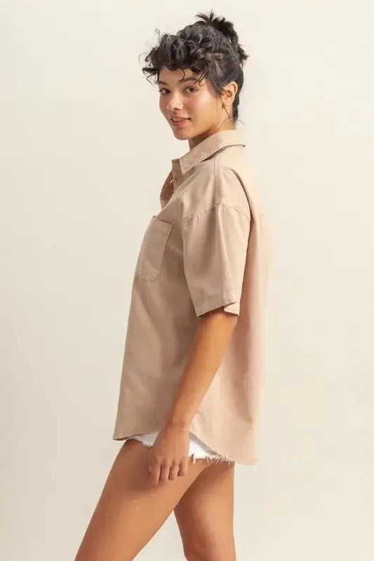 HYFVE Short Sleeve Button Down Oversized Shirt for Women - Love Salve